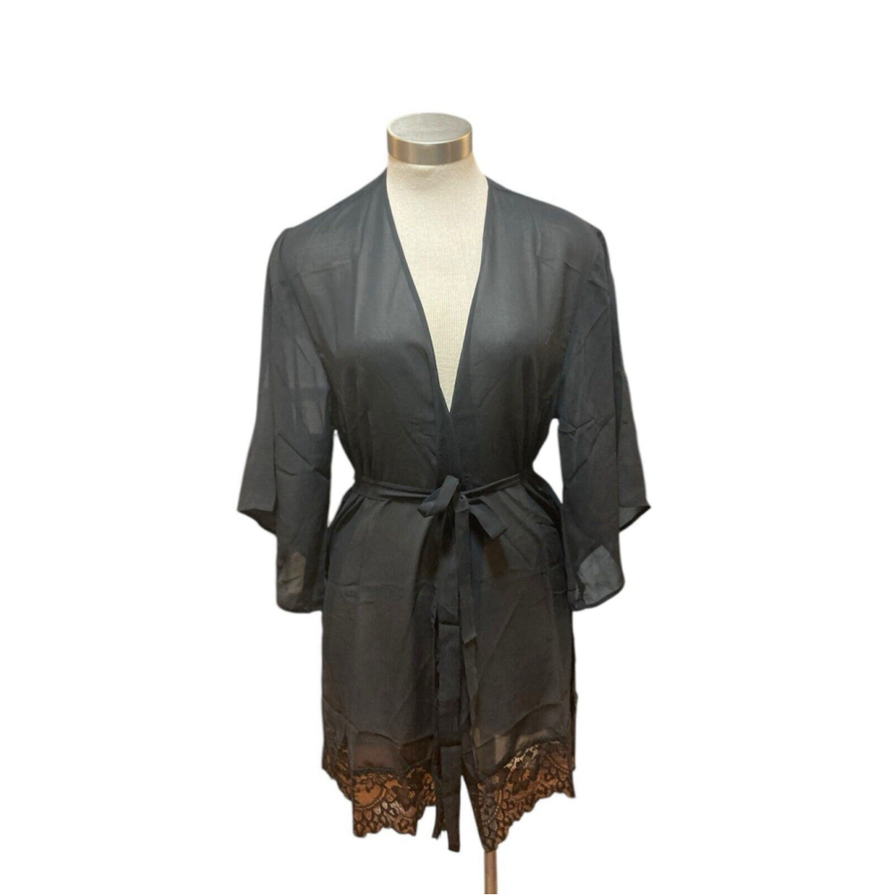 NWT La Senza Short Robe Sexy Black Sheer Tie Lace Trim Sz. M